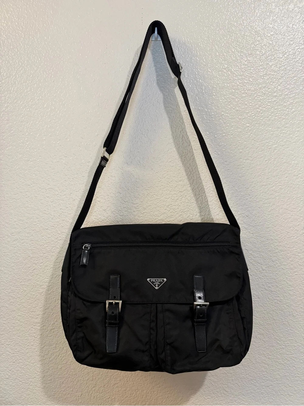 Prada Black Nylon Crossbody Messenger Bag with Buckle Accents